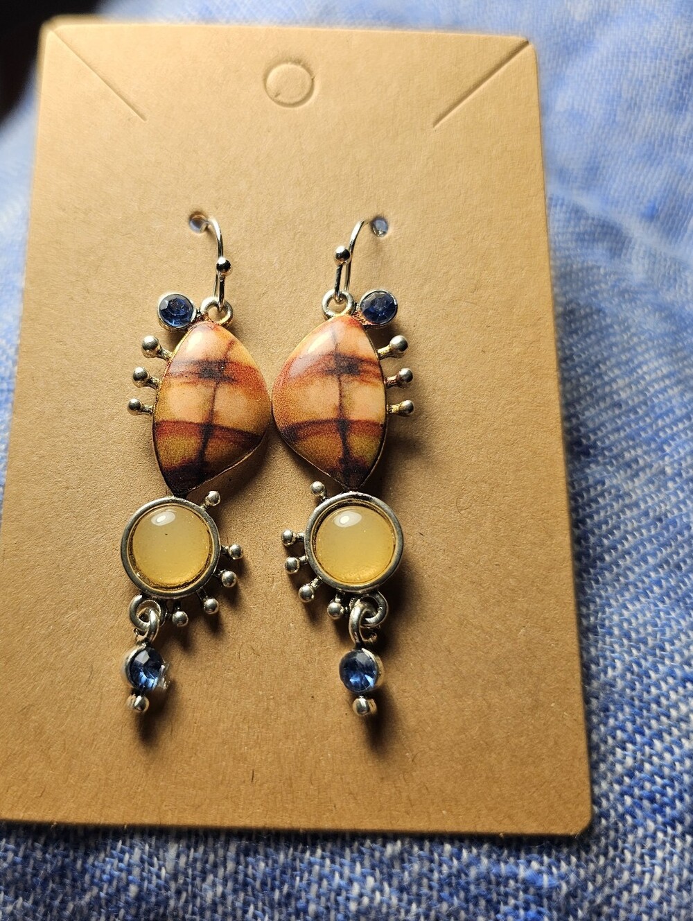 Fashion Artisan Handcrafted Yellow,Carmel and Blue Dangle Earrings BOHO